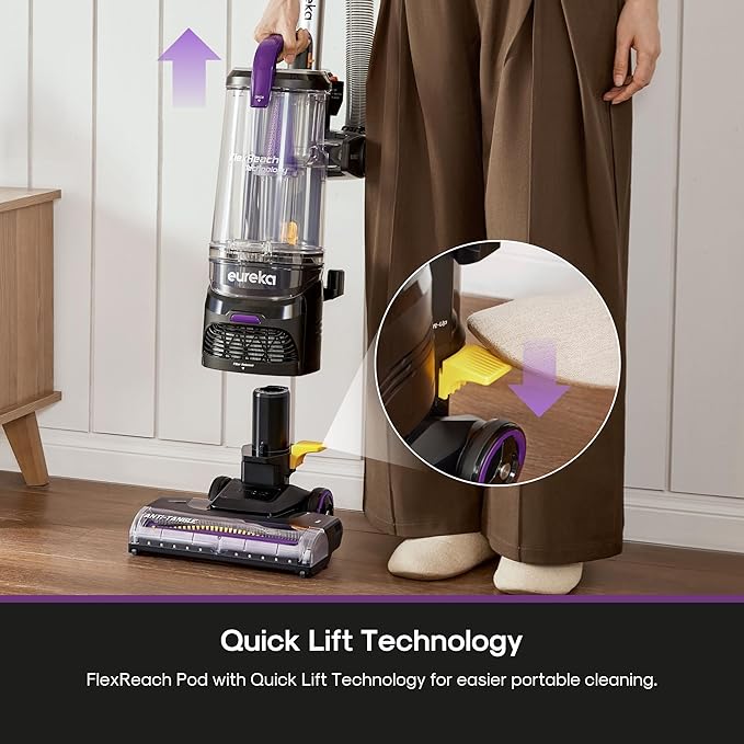 Eureka FlexReach Powerful Upright Vacuum Cleaner for Carpet and Hard Floor, Lift-Away Vacuum with Large Dust Cup, Anti-Tangle, NEU651PL, Purple