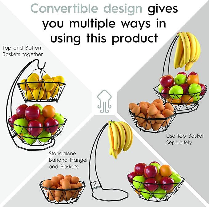 Fruit Basket with Banana Hanger and Fruit Bowl. Kitchen Counter Fruit Bowl with Banana Holder used as Bread, Vegetable or Produce Basket, Egg Holder, 2 Tier
