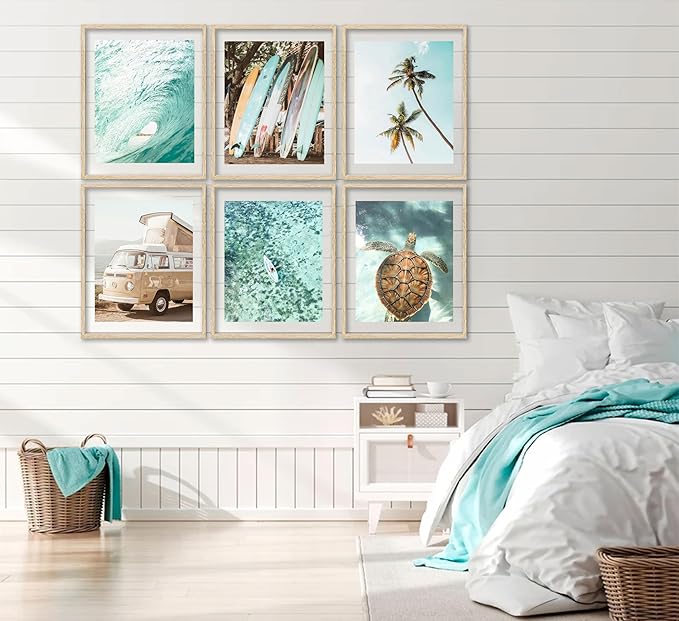 EVPYXFUT Set of 6 Tropical Beach Canvas Wall Art Surf Poster Summer Ocean Coastal Pictures Turtle Print Palm Tree Surfboard Gallery Paintings Nautical Bus Wall Decor for Bedroom Bathroom Unframed