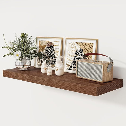 Floating Shelves 36 Inch Long, 12 Inch Deep Floating Shelves for Wall, 36 x 12 Shelves for Wall Storage & Display, 2" Thick Floating Shelf for Bathroom, Living Room, Bedroom, Walnut Color, Set of 1