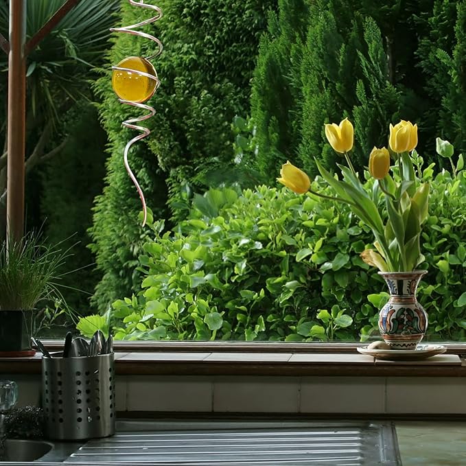 Gazing Ball Spiral Decorative Tail Wind Spinner Sun Catcher 11inch Tail and 2 inch Glass Orb. Wind Spinner Stabilizer Indoor Outdoor Garden Decoration -13 inch Height(Gold)