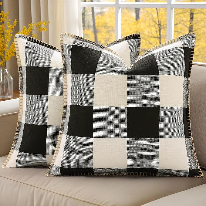 decorUhome Buffalo Plaid Check Throw Pillow Covers 18x18 Set of 2, Outdoor Decorative Farmhouse Neutral Pillow Covers with Stitched Edge for Bed Couch Sofa, Black and White