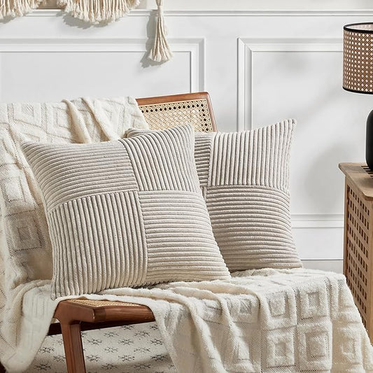 Fancy Homi 2 Packs Neutral Taupe Decorative Throw Pillow Covers 22x22 Inch for Living Room Couch Bed Sofa, Rustic Farmhouse Boho Home Decor, Soft Corss Corduroy Patchwork Accent Cushion Case 55x55 cm