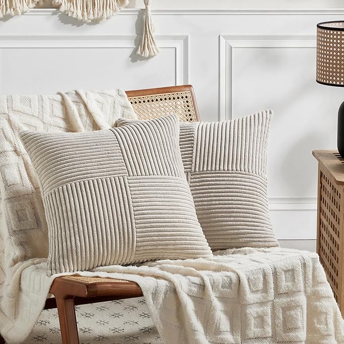 Fancy Homi 2 Packs Neutral Taupe Euro Decorative Throw Pillow Covers 28x28 Inch for Couch Bed Sofa, Rustic Farmhouse Boho Home Decor, Soft Corss Corduroy Patchwork Textured Square Cushion Case 71x71cm