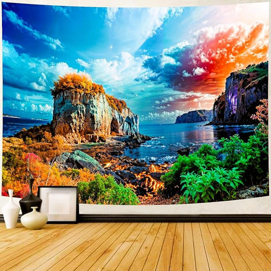 Delur Coastal Ocean Beach Tapestry Tropical Forest Tree Sunrise Sea Landscape Tapestry Wall Hanging Wave Sunset Nature Colorful Spiritual Headboard for Bedroom Living Room Home Decor (70.8" x 92.5")