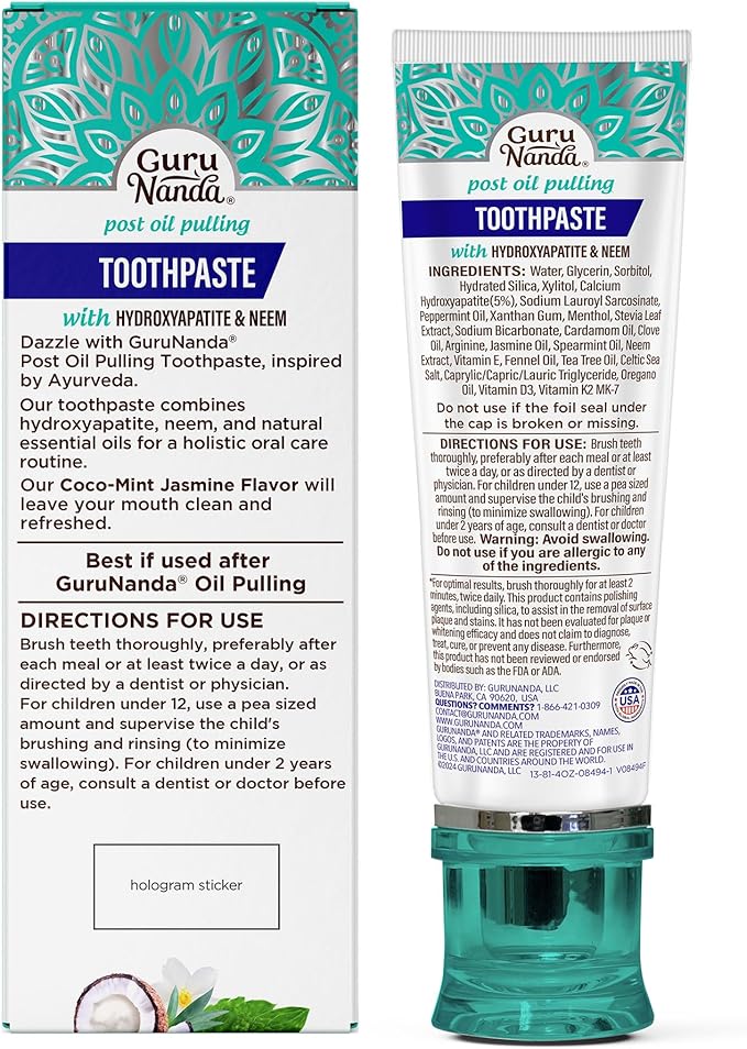 GuruNanda Hydroxyapatite Toothpaste, SLS & Fluoride Free (4 Pack), Whitening Toothpaste - Freshens Breath, Fights Plaque - with 2 Toothbrushes, 2 Tongue Scrapers & 2 Tube Squeezers