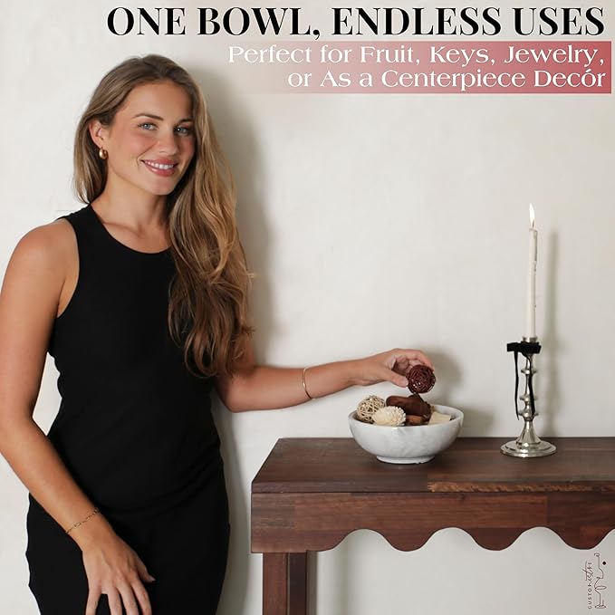 Gusto Nostro 8" Luxury White Marble Decorative Bowl for Coffee Table - Elegant Modern Fruit Bowl for Kitchen Counter - Heavy Stone Entryway Catch all for Keys, Jewelry, Potpourri Holder - Medium Size