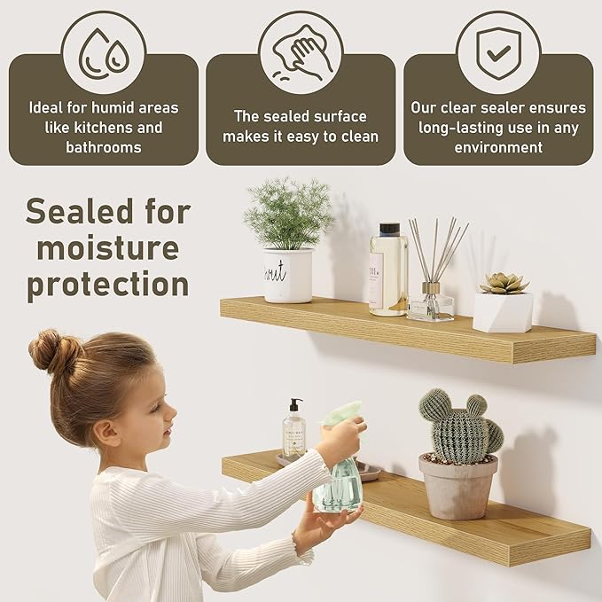 Fun Memories 36 x 8 Inch Floating Shelves for Wall, Farmhouse Bathroom Shelves Set of 2, Wood Wall Shelves 36 Inch Long, 36 x 8 x 1.4 Inch, Oak Color