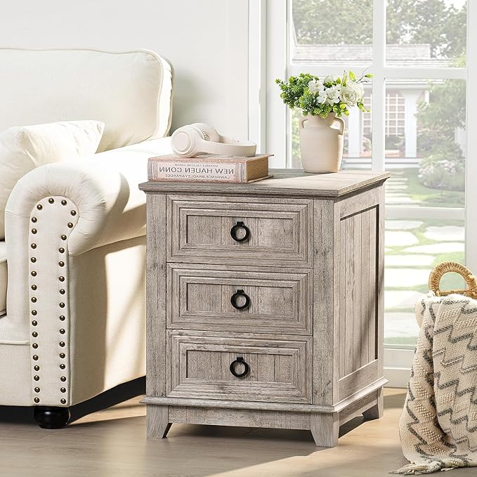Farmhouse Night Stand Set of 2, 18" End Table with 3 Drawer Metal Handle, Dresser for Bedroom, Sofa Bed Side Table Chest of Drawers,Wood Nightstand Cabinet for Organizer, Living Room-Oak