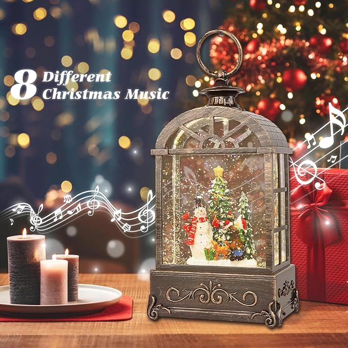 Christmas Snow Globes Lantern,Musical Snow Globes,Christmas Decorations Indoor for Home,Battery Or USB Powered,with 6 Hour Timer,Christmas Lantern for Festival Decoration,Snowman Child