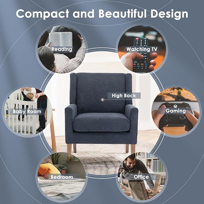 COLAMY Modern Wingback Living Room Chair, Upholstered Fabric Accent Armchair, Single Sofa Chair with Lounge Seat and Wood Legs for Bedroom/Office/Reading Spaces, Blue