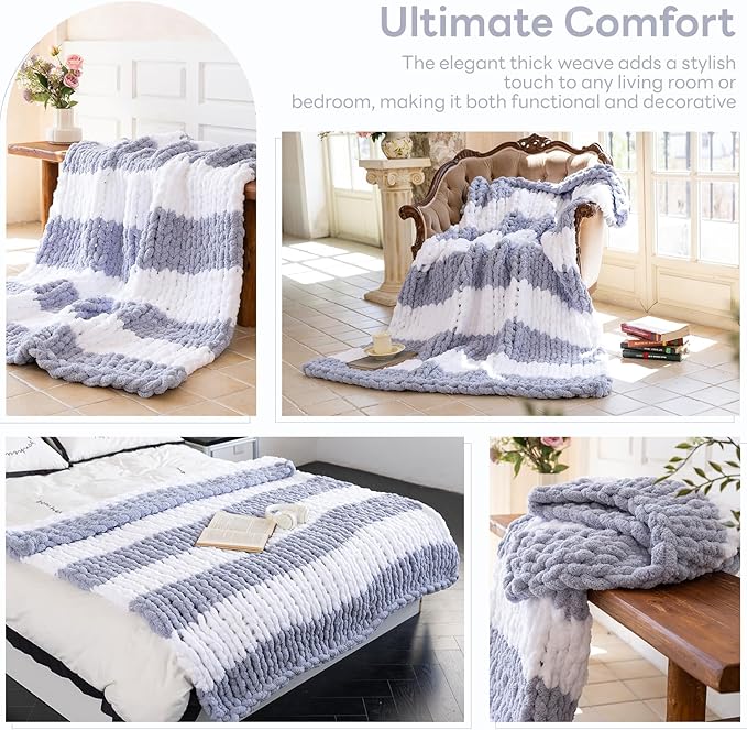 Chunky Knit Blanket - Luxury Soft Cozy 60 * 80 Throw Blanket,100% Woven Blanket Rope Knot Throw Blanket for Couch, Sofa, Home Decor, Gift - Machine Washable（White/Light Gray）
