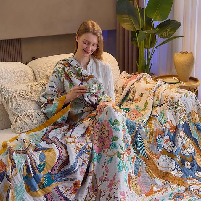 Fall Throw Blanket for Couch, Yellow Boho Decorative Throw Blanket, 100% Cotton Muslin Breathable Woven Farmhouse Blankets Quilt, 80"x90" Reversible Lightweight Blankets Bohemian Throw Quilt