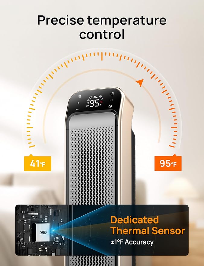 Dreo Space Heater Indoor, 25" 11.5ft/s Fast Portable Room Heater with Remote and Thermostat, 3 Modes, Overheating & Tip-Over Protection, Electric Heaters for Indoor Use Large Room, Bedroom, Gold