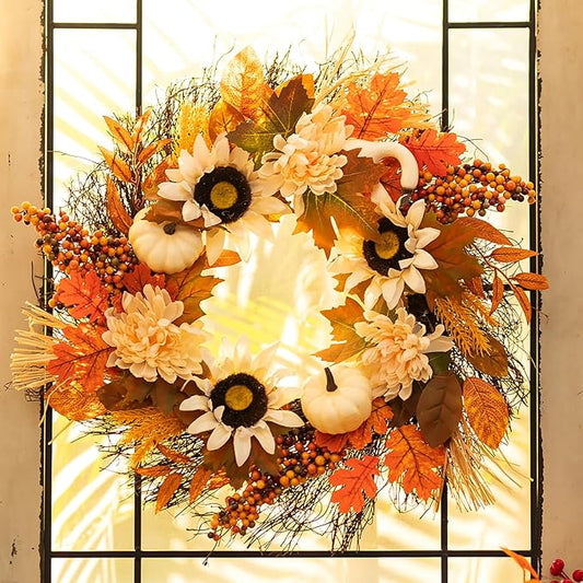Fall Wreaths for Front Door Decor - Walasis 20 Inch Thanksgiving Wreath with Maple Leaves White Pumpkin Daisy Sunflower Wreath Autumn Harvest Decorations for Table Front Porch
