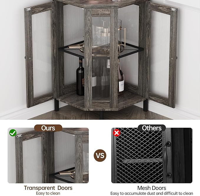 Corner Bar Cabinet with Power Outlet, 5-Tier Corner Wine Cabinet with Led Strip and Glass Holder, Industrial Tall Liquor Cabinet Bar Wine Rack for Home, Grey Oak