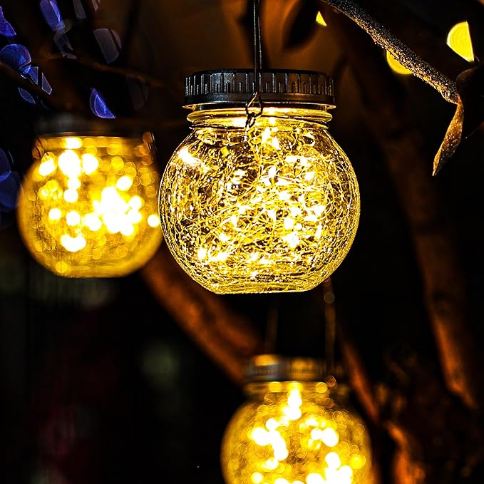 Cooo 6 Pack Crackle Glass Solar Lantern with 30 LED Firefly Lights– Waterproof Outdoor Hanging Lamp 215% Larger Solar Panel, Anti-Rust Lids Decorative Lighting for Garden Patio Table