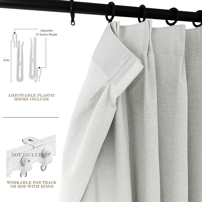 Greyish White Pinch Pleat 100% Blackout Drapes Linen Blend, Room Divider, Room Darkening, Energy Saving, Furniture Protecting, Light Blocking Extra Wide Privacy Curtains, 240Wx84L, 1 PC