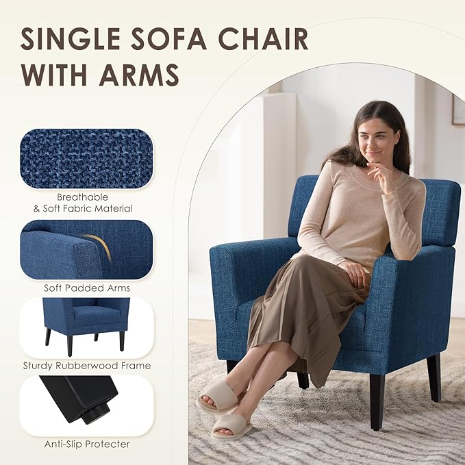 COLAMY Modern Accent Chair for Living Room, Upholstered Fabric Accent Armchair with Back, Soft Single Sofa Chair with Arms for Bedroom/Office/Reception Room, Blue