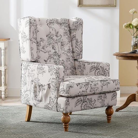 DUOMAY Tufted Accent Chair, Modern Linen Upholstered Wingback Side Arm Chair for Living Room Bedroom with Wood Legs, Comfy Reading Guest Chair for Office, Beige Flower Pattern