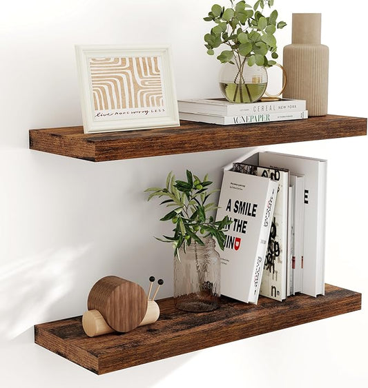 Fun Memories 32 Inch Floating Shelves, Farmhouse Wood Floating Shelf Set of 2, 32 x 9 Floating Shelf Wall Mounted, Deep Storage Display Shelves for Kitchen, Bedroom, Living Room, Rustic Brown Color