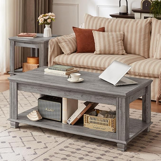 Farmhouse Coffee Tables for Living Room,Square Tea Table with Open Storage Shelf,Large Coffee Table,Rustic Wooden Center Table,Gray