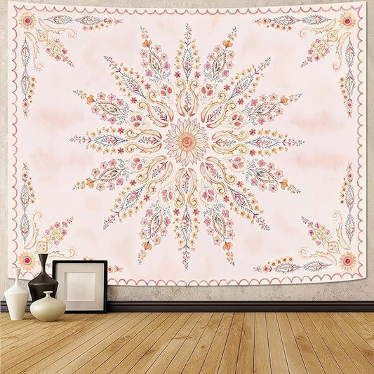 Fowocu Boho Floral Mandala Tapestry for Bedroom Aesthetic Pink Bohemian Flower Wall Tapestry Watercolor Hippie Indian Small Tapestries Wall Hanging for Living Room Dorm Decor 40 x 30 Inch