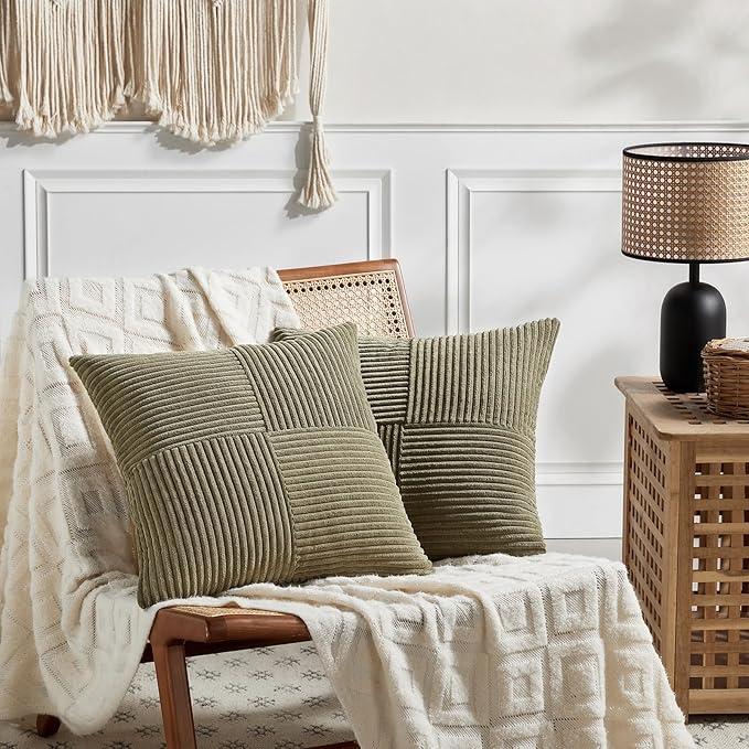 Fancy Homi 2 Packs Olive Green Decorative Throw Pillow Covers 18x18 Inch for Living Room Couch Bed Sofa, Rustic Farmhouse Boho Home Decor, Soft Corss Corduroy Patchwork Textured Cushion Case 45x45 cm