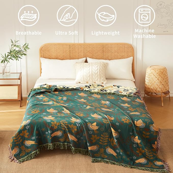 Cotton Throw Blanket Ultra Soft Bed Throw Reversible Queen Size Blanket for Bed Farmhouse Decor Sofa Cover Multifunctional use (60"x80",01-Cute Bird)