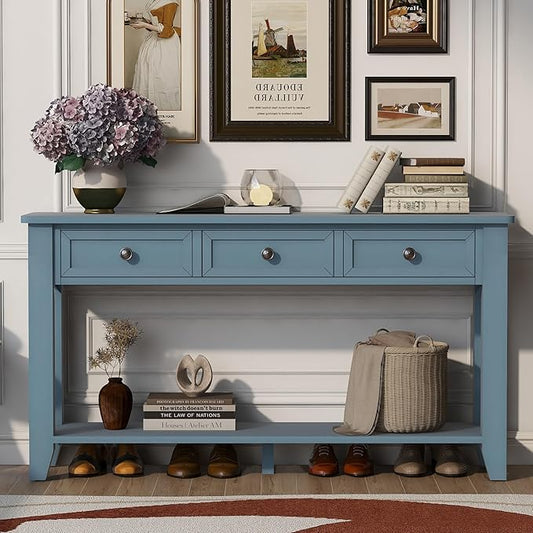 Farmhouse Modern Entryway Console Table 55.4'' Long Entry Sofa Table with Drawers & Storage Shelf for Living Room Hallway, Blue