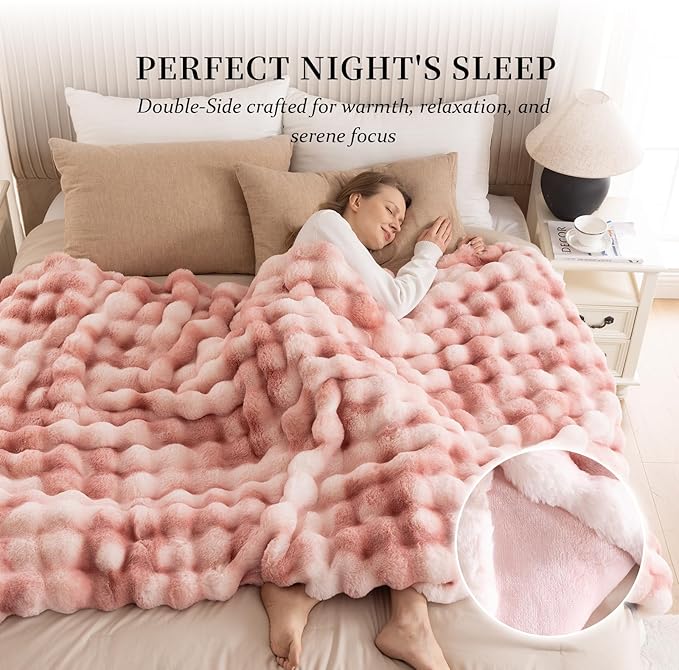 Cozy Faux Fur Throw Blanket for Couch-Warm Fuzzy Throw Blanket, Soft Plush Thick Bubble Blankets for Bedroom and Living Room, Furry Luxury Blanket, 50 x 60, Tie-Dye Pink