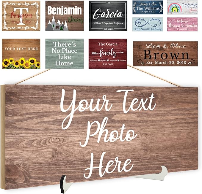 Custom Wood Sign Prsonalized Text Business Home Decor, Personalized Rustic Plaque Board Hanging Wooden Name Sign for Wall Art, Customized Signs Plank Decoration Gifts for Wedding Family Farmhouse Kitchen, Rectangle
