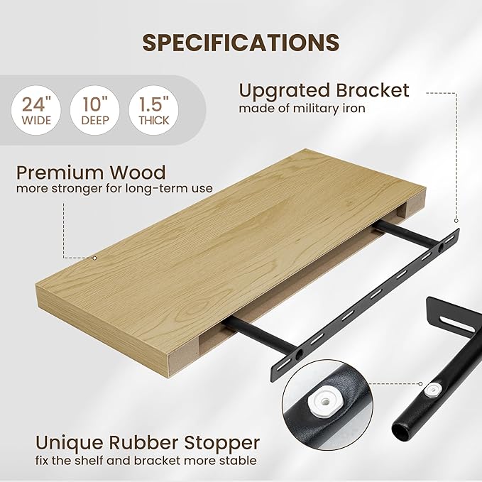 Fun Memories 24 Inch Floating Shelves Wall Mounted, 10 Inch Deep Wall Shelves, 24 x 10 Floating Shelf for Living Room Bathroom Bedroom, Oak, Set of 2