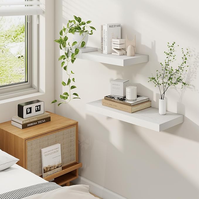 Fun Memories 24 Inch Floating Shelves for Wall, 9 Inch Deep White Rustic Wood Wall Mounted Shelves for Bathroom, Kitchen, Living Room, Set of 2