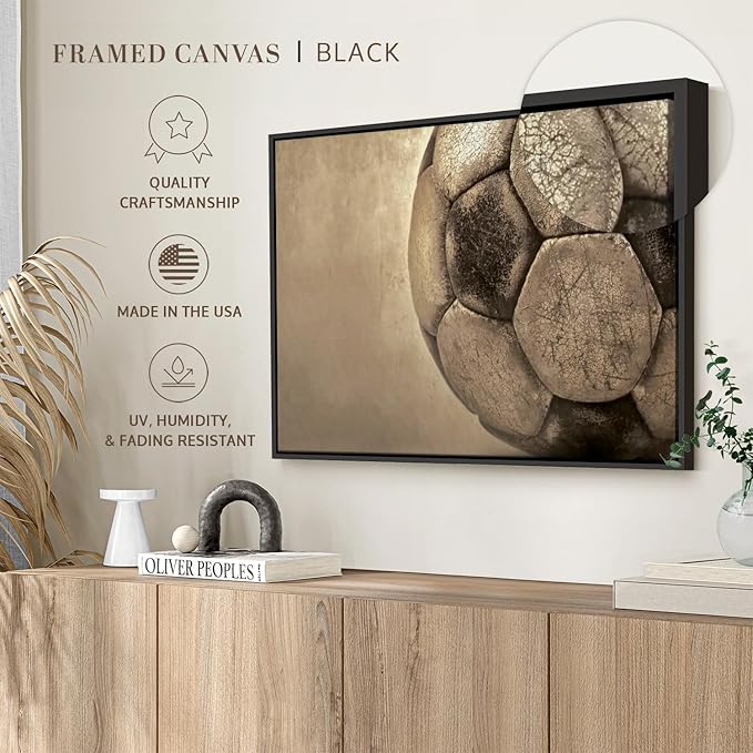 Elephant Stock Worn Soccer Ball Wall Art - Horizontal Framed Canvas - 1-Piece Living Room Wall Decor - Photography sports Canvas Print - Brown and Gray Decor for Wall - 25" X 17"