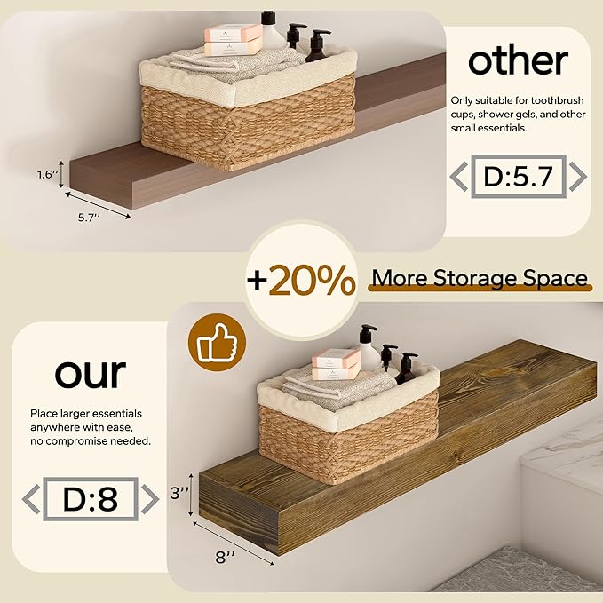 Floating Shelves 3 inch Thick for Wall Set of 2,Solid Pine Wood Wall Mount Shelf for Kitchen Living Room Bedroom Bathroom,8" D x 48" L x 3" H-Black Walnut