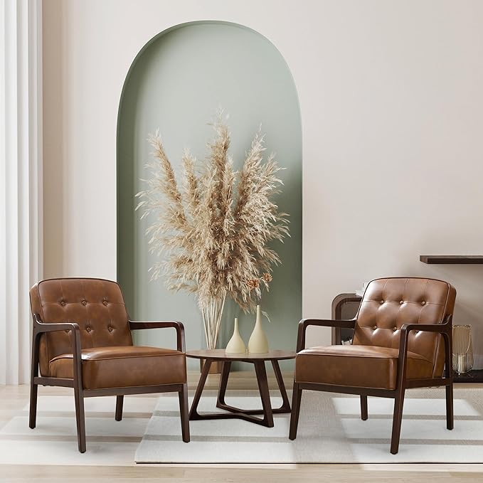 Faux Leather Accent Chair, Mid Century Modern Chair for Living Room, Upholstered Comfy Lounge Armchair with Solid Wood Frame, Reading Side Chair for Bedroom,105°Ergonomic Comfort, Brown