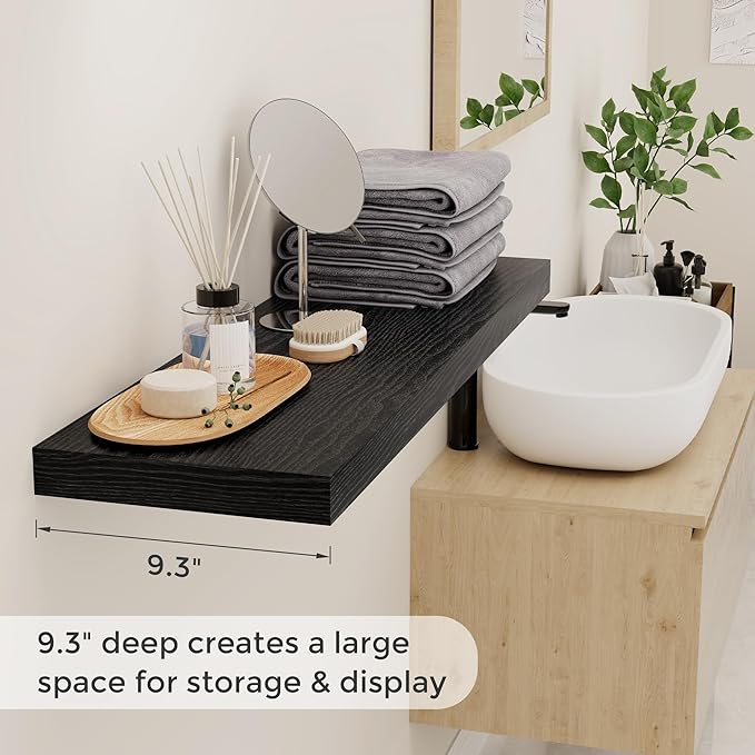 Fun Memories Black Floating Shelves 36 Inch Long, 9 Inch Deep Wall Shelves Set of 2, 36 x 9 Floating Shelf for Wall, Rustic Wood Floating Shelves for Kitchen, Living Room, Bedroom