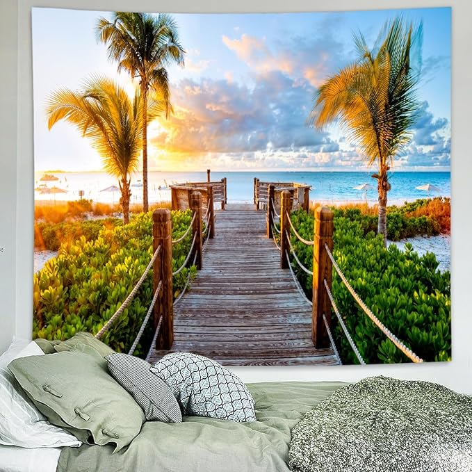 Delur Beach Sunset Tapestry Tropical Seaside Palm Tree Coastal Tapestry Wall Hanging Sunrise Nature Landscape Scenic Psychedelic Headboard for Bedroom Living Room Home Decor (51.2" x 59.1")