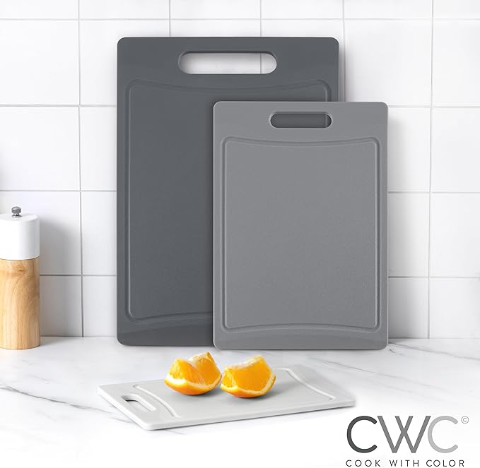 COOK WITH COLOR Non-Slip Cutting Board Set – Kitchen Essentials with Easy Grip Handle for Meat, Veggies, and Fruits, 3 Cutting Boards, Gray