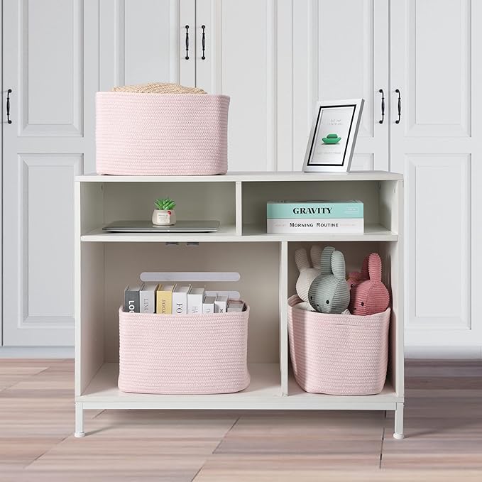 Cotton Rope storage Basket Bins Woven Basket for Organizing Shelves Rectangle Decorative Baskets For storage Clothes Toys Books Towels Square Wicker Nursery basket organizer 3 pack light pink