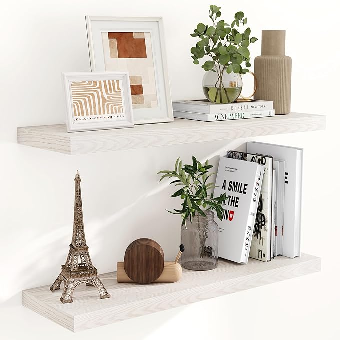 Fun Memories Rustic Wood Floating Shelves for Wall, 36 x 9 Wall Shelves Set of 2, Deep Floating Shelf for Kitchen, Living Room Storage & Display, Deep Wooden Bookshelf, Brich Color