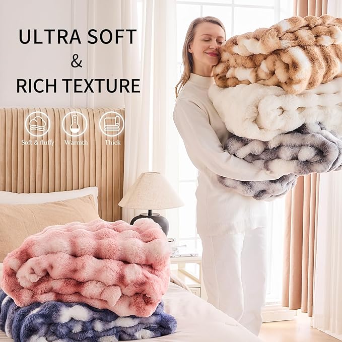 Cozy Faux Fur Throw Blanket for Bed Warm Fuzzy Throw Blanket, Soft Plush Thick Bubble Blankets for Bedroom and Living Room, Furry Luxury Blanket, 60 x 80,Tie-Dye Grey