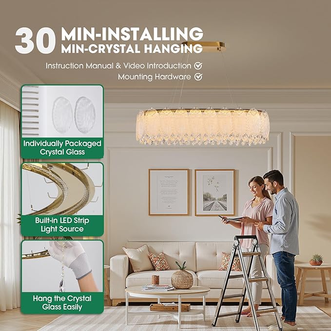 Gold Rectangle Modern Chandeliers for Dining Room Light Fixture, Water Ripple Crystal Glass LED Chandelier for Kitchen Island Bar Living Room, 2700K-6000K