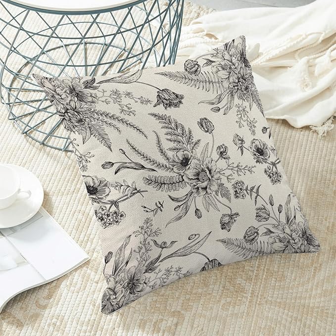 CXMEIFLY Spring Floral Leaves Pillow Covers 24 x 24 Inch Set of 2 for Chinoiserie Flowers Decor Throw Pillows Black and White Seasonal Plant Outdoor Decorative Cushion Cases for Couch Bed Decorations