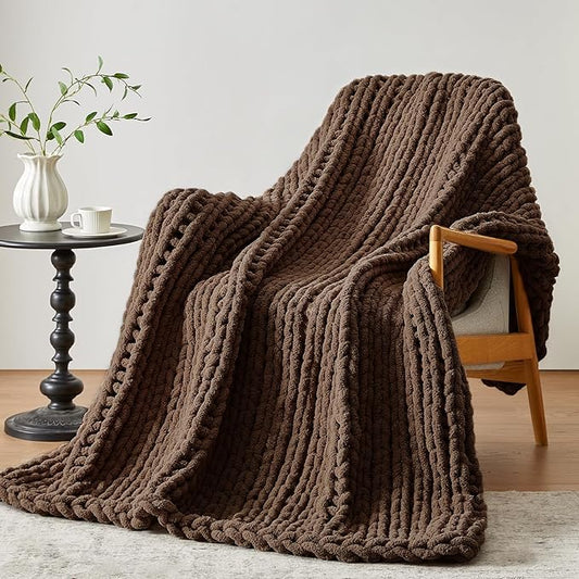 Chunky Knit Throw Blanket, 40''*50'' Knitted Throw Chenille Yarn for Bed Couch, Handmade Dark Brown Crochet Big Thick Blanket, Machine Washable Cute Comfy Blanket for Home Decor