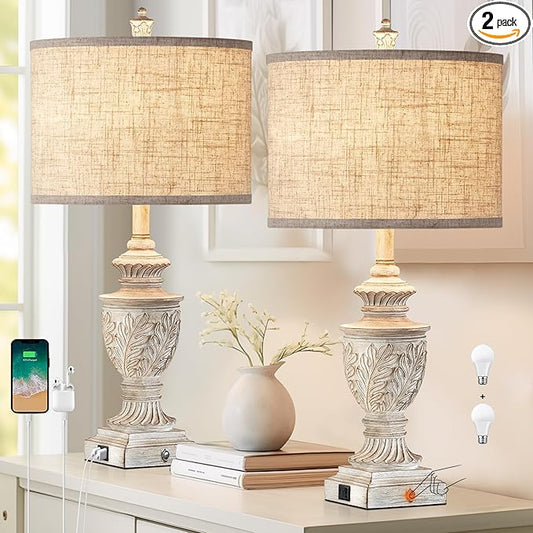 Farmhouse 3-Way Dimmable Touch Table Lamp Set of 2 for Bedroom Living Room with USB A+C Charging Ports 27" Tall Rustic Traditional Nightstand Bedside Lamps White End Table Lamp (2 Bulbs Included)