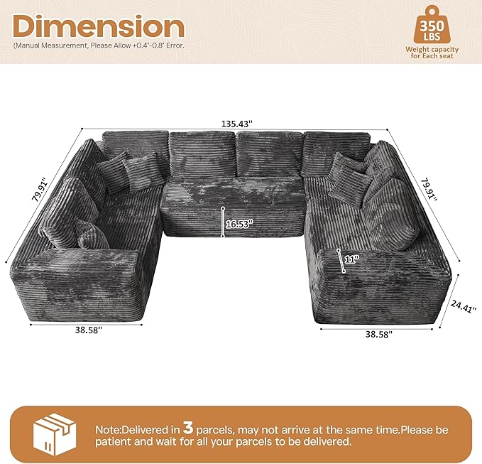 Cloud Sectional Couches for Living Room,U Shaped Modular Sofas No Assembly,135x79 Inches Plush Corduroy Oversized Floor Couch Set with Deep Seat Chaise,Grey