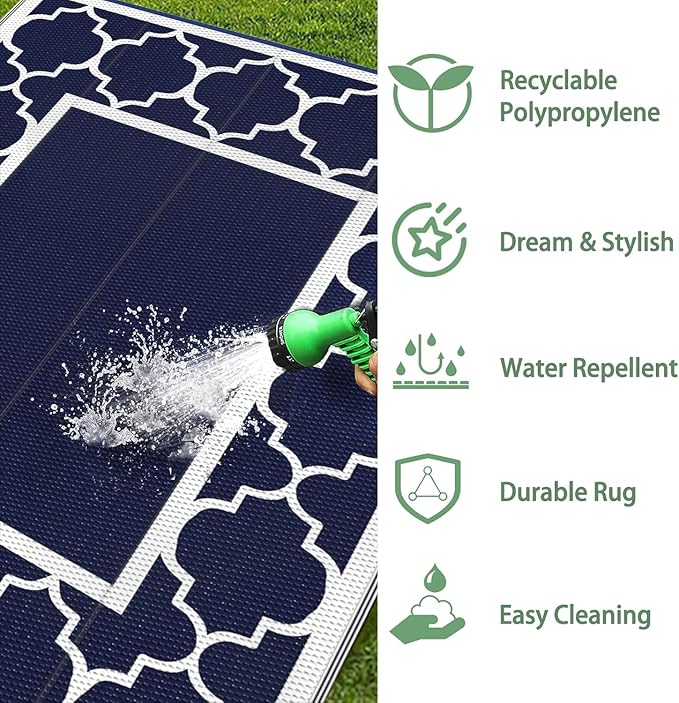 GENIMO Outdoor Rug Waterproof for Patio Decor, 5'x8' Reversible Plastic Straw Rug Carpet, Camping Mats for Outdoor, RV, Backyard, Deck, Balcony, Picnic, Blue & White