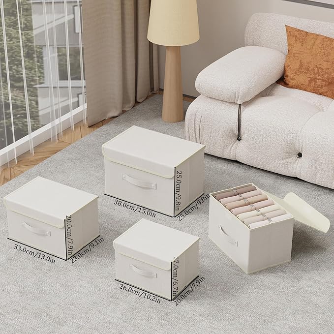 Fabric Storage Bins Cube Organizers with Flip-Top Lid and Handles,Storage Boxes for Organizing Home,Office,and Closet,Beige,3 Pack 13 X 9.1 X 7.9 in